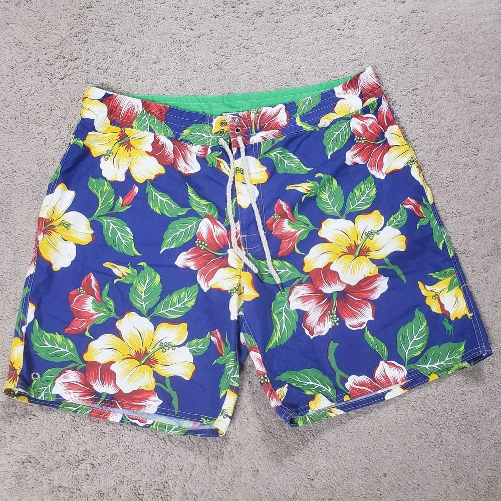 Polo Ralph Lauren Swim Trunks Men 38 Navy Floral AOP Beach Rope Drawstring